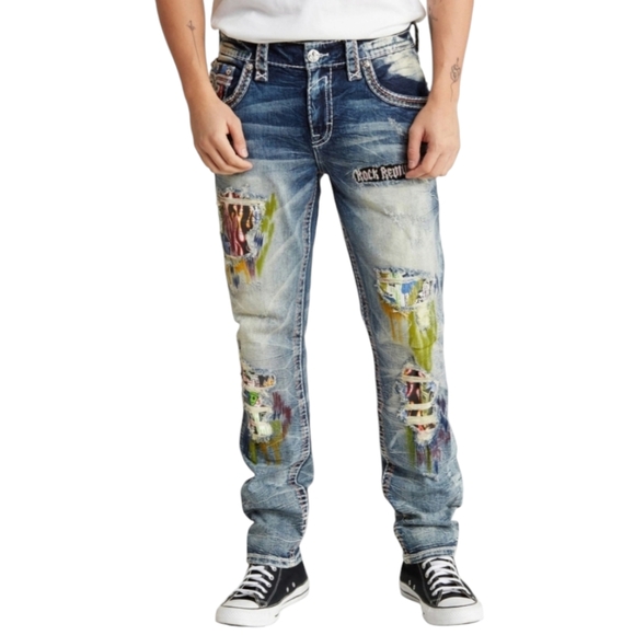 🆕️Rock Exhibition by Rock Revival LE Ruth Distressed Slim Taper Jeans. 40x32 - Picture 5 of 12